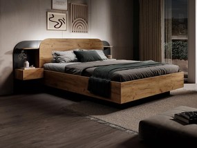 Łóżko ze skrzynią i szafkami nocnymi 160 x 200 cm - Z oświetleniem LED - Naturalny i czarny + Materac - JUVISIA