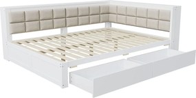 Łóżko kanapa 140x200 cm z 2 szufladami do przechowywania i stelażem listwowym, białe – bez materaca