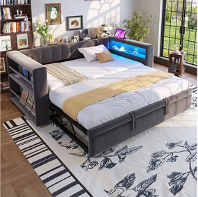 Sofa tapicerowana z funkcją spania - 90/180 x 190 cm - z oświetleniem LED + gniazdko + łóżko wysuwane + półka - Flanela - ciemnoszara