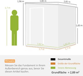 Outsunny Domek ogrodowy 2,89 m² z wyglądem drewna, 3 okna, wentylacja, podłoga, zamek, rękawice, 182 x 182 x 196 cm | Aosom PL