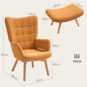 HOMCOM Akcentowy Fotel z Otomaną, Relaxsessel w Wyglądzie Sztruksu, Fotel z Podłokietnikami na Drewnianych Nogach, do Salonu, Brązowy