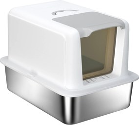 PawHut Kuweta dla kota ze stali nierdzewnej, z filtrem i łopatką, dla kotów do 6 kg, 40,5 x 60,5 x 41,5 cm, Biały/Srebrny