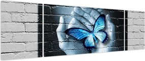 Obraz niebieskiego motyla na ścianie (170x50 cm)