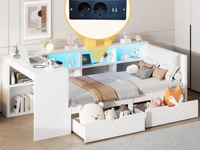 Łóżko dziecięce 90x200cm - z 2 szufladami i stacją ładowania - z kolorowymi światłami LED - białe (bez materaca)
