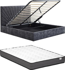 Łóżko ze skrzynią  140 x 190 cm - Tkanina teksturowana – Szary antracyt + Materac - RIBIOLA