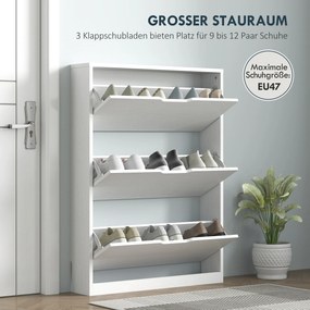 HOMCOM Szafka na buty z 3 składanymi szufladami, na do 12 par butów, Płyta wiórowa, 80 x 17 x 108 cm, Biały