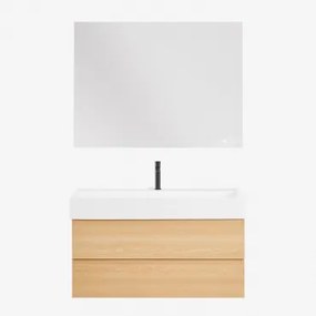 Zestaw Wiszących Mebli Łazienkowych Z Drewna I Forniru Jesionowego Zintegrowany Z Umywalką Ona Naturalna & Prostokątny Led - Sklum