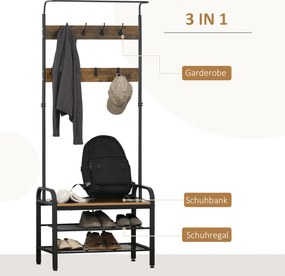 Homcom wieszak stojak na ubrania z ławką na buty i 8 hakami funkcjonalny design czarny 72x34x185cm | Aosom PL