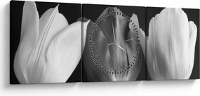 Obraz - Czarno - białe kwiaty tulipanów (z zegarem) (90x30 cm)