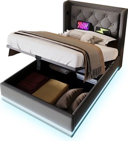 Łóżko tapicerowane 90 x 200 cm z tkaniny bawełnianej - z funkcją ładowania i LED u stóp łóżka - Szare