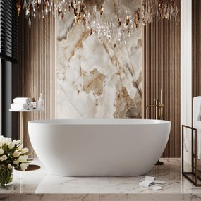 Wanna wolnostojąca owalna z konglomeratu 160 x 75 cm RONA Beige mat / połysk przelew typu SLIM cienki rant : Kolor wanny - Biały matowy