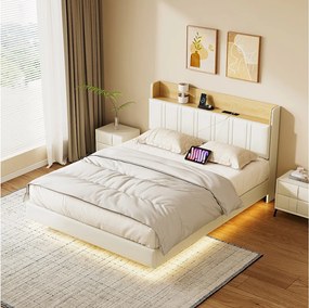 Pikowane Łóżko 140x190 cm Białe z Przechowywaniem, Efektem Unoszenia, Oświetleniem LED i Portem USB - Metalowa Rama i Drewniane Listwy