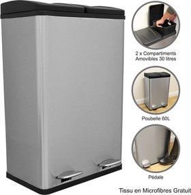 Kosz na śmieci 60L z podwójnym pedałem ze stali nierdzewnej
