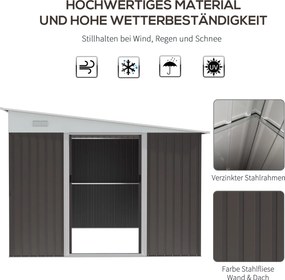 Outsunny Metalowa szopa ogrodowa z pochyłym dachem Przesuwne drzwi Zabezpieczenie narzędzi Szary 28x345x201cm | Aosom PL
