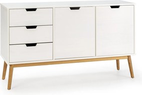 Bufet Colummn Baku 3 szuflady 2 drzwi białe, sosna masowa, długość 140 cm.