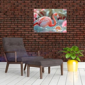 Obraz na szkle - Flaming w stawie (70x50 cm)