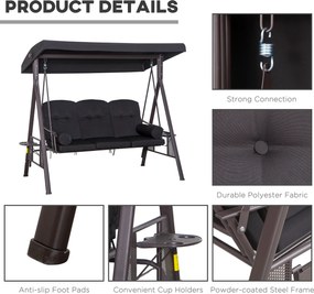 Outsunny 3-osobowa huśtawka z dachem huśtawka ogrodowa z dachem przeciwsłonecznym poduszka metal poliester czarna, 116 x 206 x 183 cm