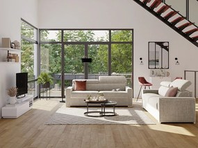 Kanapa 3-osobowa rozkładana typu express z beżowej tkaniny z siedziskiem z pianki z pamięcią kształtu - pow. spania 140 cm - Materac 14 cm VIZIR