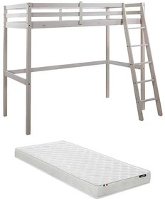 Łóżko antresola GEDEON II – 90 × 190 cm – lite drewno sosnowe – kolor biały, w zestawie z materacem