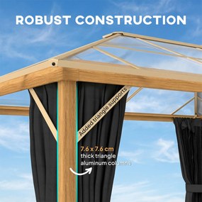 Outsunny Pawilon ogrodowy 4x3m aluminiowy z dachem z poliwęglanu 6 mm, moskitiera, 4 zasłony, imitacja drewna, naturalne drewno | Aosom PL