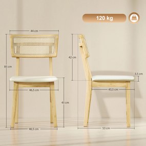 HOMCOM Krzesło jadalniane, oparcie z rattanu, siedzisko z sztucznej skóry, drewno gumowe, naturalne drewno
