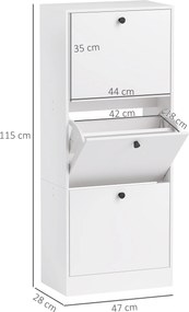 Szafka na Buty HOMCOM, Regał, 3 Klapki, Regulowana, Płyta Pilśniowa, Biały