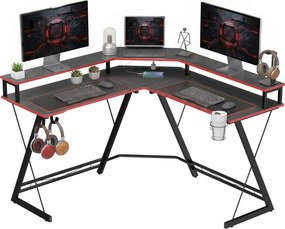 HOMCOM Biurko komputerowe w kształcie L z gniazdkami, narożne biurko 128 cm z podstawką na monitor, haczykiem na słuchawki &amp; uchwytem na napoje | Aosom PL