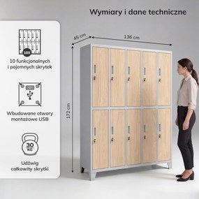 Szafa BHP ubraniowa 10-drzwiowa szara / dąb sonoma: Eco Design BARTEK 1360 x 1720 x 450 mm