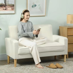 HOMCOM Sofa 2-osobowa, podwójna sofa z nogami z kauczukowego drewna, tapicerowana sofa do salonu, sypialni, kremowobiała