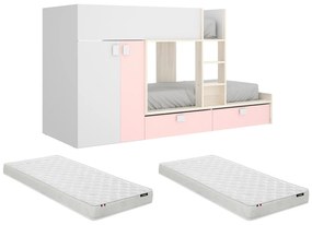 Łóżko piętrowe -  2 × 90 × 190 cm - wbudowana szafa -  kolor biały, naturalny i różowy - w zestawie z materacami - JUANITO