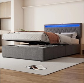 Łóżko z pojemnikiem 140 x 200 cm z portami USB i Type-C - Diody LED - Tkanina lniana - Kolor szary