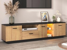 Meble TV 180 cm z LED - 1 szuflada + 3 drzwi + 2 przegrody - Naturalny