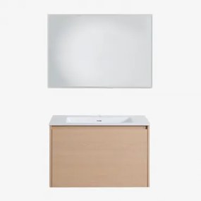 Zestaw Mebli Łazienkowych Z Drewna Z Wbudowaną Umywalką Jacob Naturalna & Prostokątna Lampa Led I Przeciwmgielna 100x70 Cm Riben & Bez Kranu - Sklum