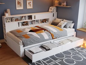 Łóżko-ława 140x200 cm - z 2 szufladami - z półkami i szafkami do przechowywania - MDF - Białe (bez materaca)