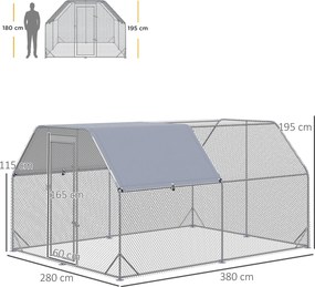 PawHut Kurnik Kurnik Woliera, z możliwością wejścia, zamknięte drzwi, na 10-12 kur, 280 cm x 380 cm x 195 cm, Szary