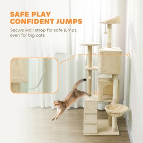 PawHut Drapak 160 cm wieża dla kota z hamakiem, drabinką, kryjówką, 2 pluszowymi piłeczkami, słupami z sizalu, 48 x 48 x 160 cm, Beżowy