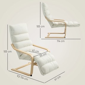 HOMCOM Fotel lounge z laminatu brzozowego, fotel tapicerowany z regulowaną podnóżką, nowoczesny fotel z podłokietnikami, kremowobiały | Aosom PL
