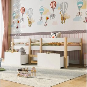 Łóżko dziecięce 90x200 cm - Łóżko pojedyncze z 2 szufladami i drabinką - białe drewno - bez materaca