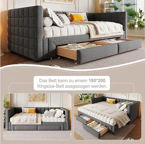 Łóżko wysuwane 90/180 x 200 cm, Tapczan z wezgłowiem i 2 szufladami - Aksamit - Szary (bez materaca)