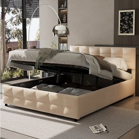 Łóżko ze schowkiem 180 x 200 cm z zagłówkiem - Aksamit - Stelaż listwowy - Beżowy