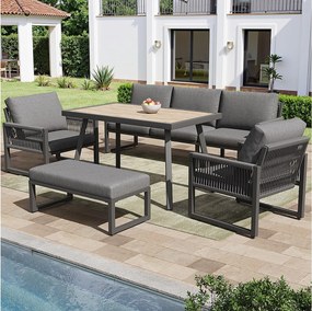 Salon ogrodowy, zestaw mebli, lin, na 6 osób - Kanapa 3-osobowa - 2 fotele - stół - Biały​ - z żelaza ocynkowanego, Szary