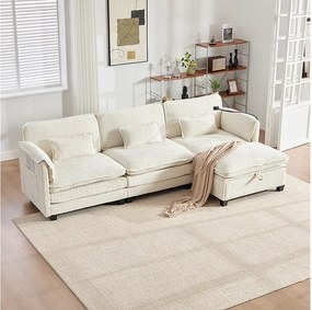 Nowoczesna sofa 3-osobowa - 279 x 83 x 85 cm - z portem USB, kieszenią boczną i podnóżkiem ze schowkiem - aksamitna - beżowa