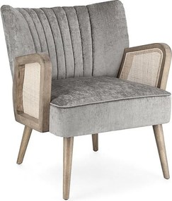 Szary fotel z tkaniny z efektem aksamitu, drewniane nogi i podłokietniki - VIRNA