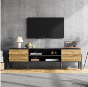 Stojak pod telewizor do salonu - 175 x 39,5 x 53 cm - z 2 drzwiami + otwarta przestrzeń do przechowywania - do telewizorów do 70 cali - płyta wiórowa - czarny