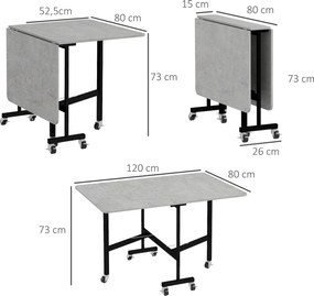 HOMCOM Składany stół na kółkach dla 4-6 osób stelaż stalowy szary 52,5-120x80x73 cm | Aosom PL