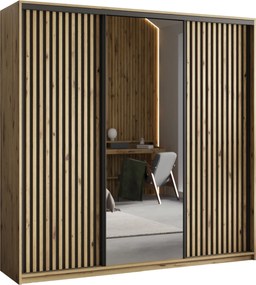 Szafa Przesuwna ORRA 200 cm z Lustrem i Lamelami Szafa Trzydrzwiowa z Szufladami Dąb Artisan