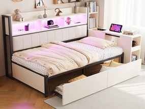 Sofa rozkładana 90x200 cm - z gniazdkami - z oświetleniem LED - z 2 dużymi szufladami - z wysuwanym biurkiem - Biały