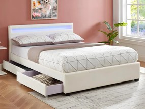 Łóżko 140 × 190 cm z miejscem do przechowywania – ekoskóra białe z oświetleniem LED + Materac – ALOIS II