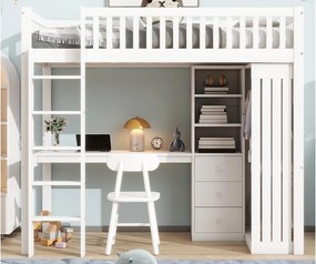 Łóżko piętrowe drewniane 90x200 cm - z biurkiem i szafą - białe