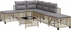 Zestaw ogrodowy narożny 3-częściowy z beżowej plecionej żywicy z szarymi poduszkami, regulowanymi bocznymi siedziskami i stołem ze szkła hartowanego